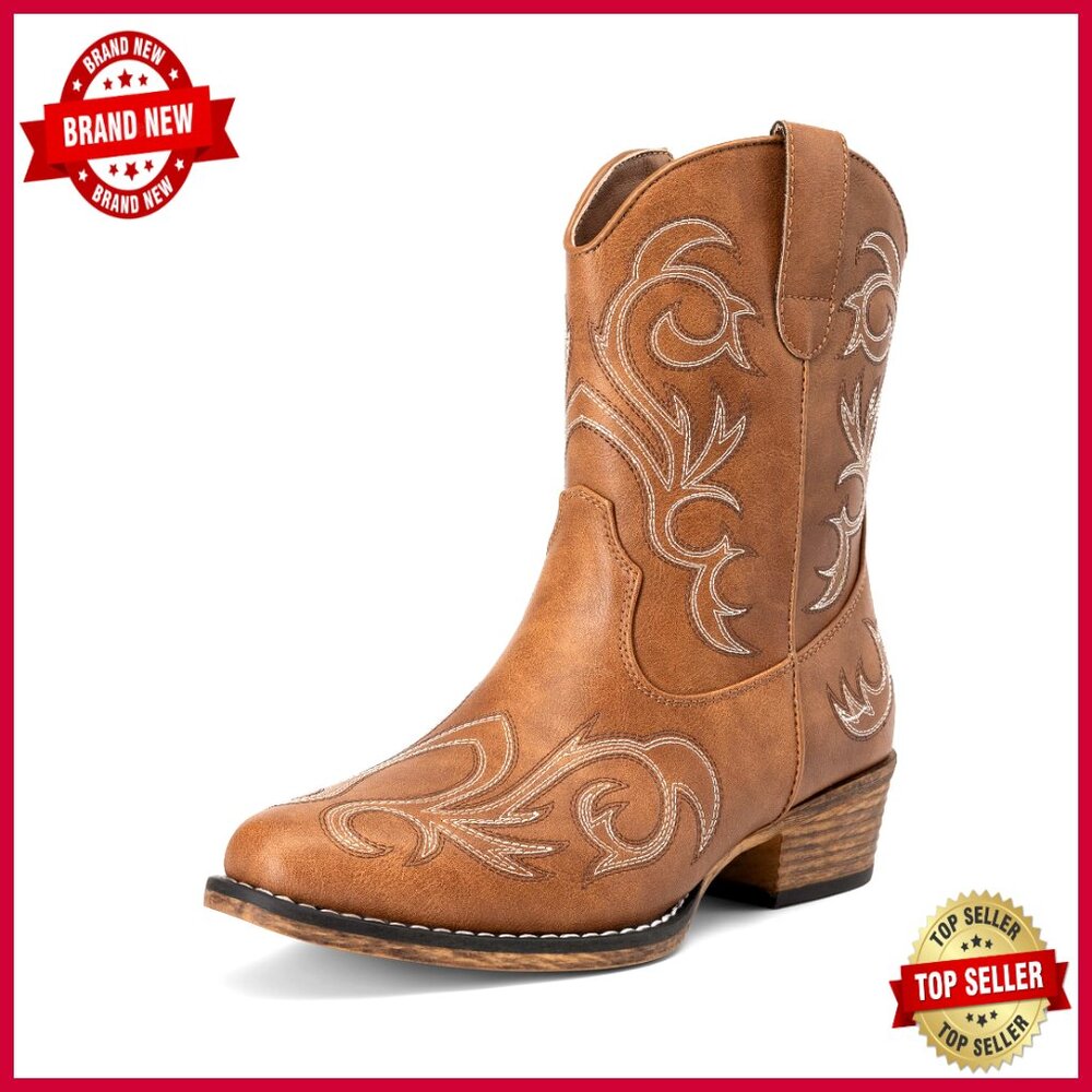 Embroidered Western Ankle Boots Square Toe Chunky Heel Retro Fashion Booties